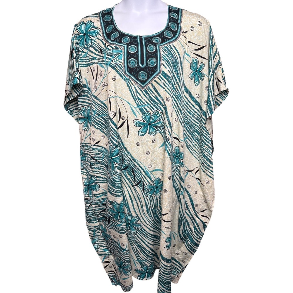 Womens Teal Floral Oversized Kaftan Maxi Dress OS Boho Flowy Tropical‎ Ethnic
